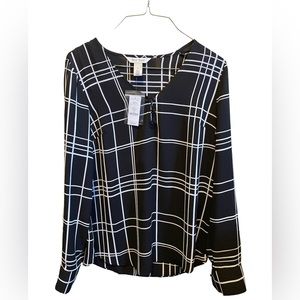 NWT Size 00 White House Black Market Black & White Plaid Work Blouse